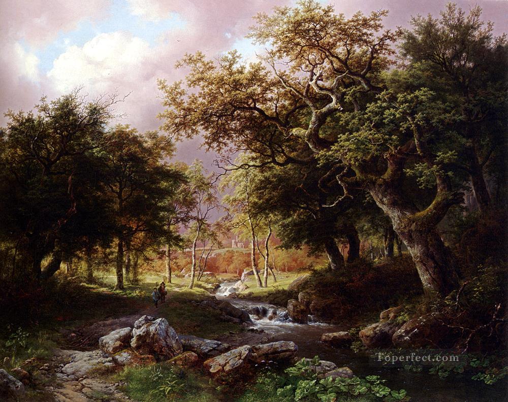 小川沿いに人物がいる樹木が茂った風景 オランダのバレンド・コルネリス・コエクック油絵